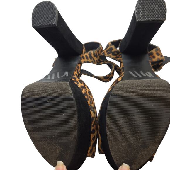 Women's 9.5 Leppard Print Platform Brown Sandal Shoe 5 Inch Heel 9 1/2 - Picture 5 of 8